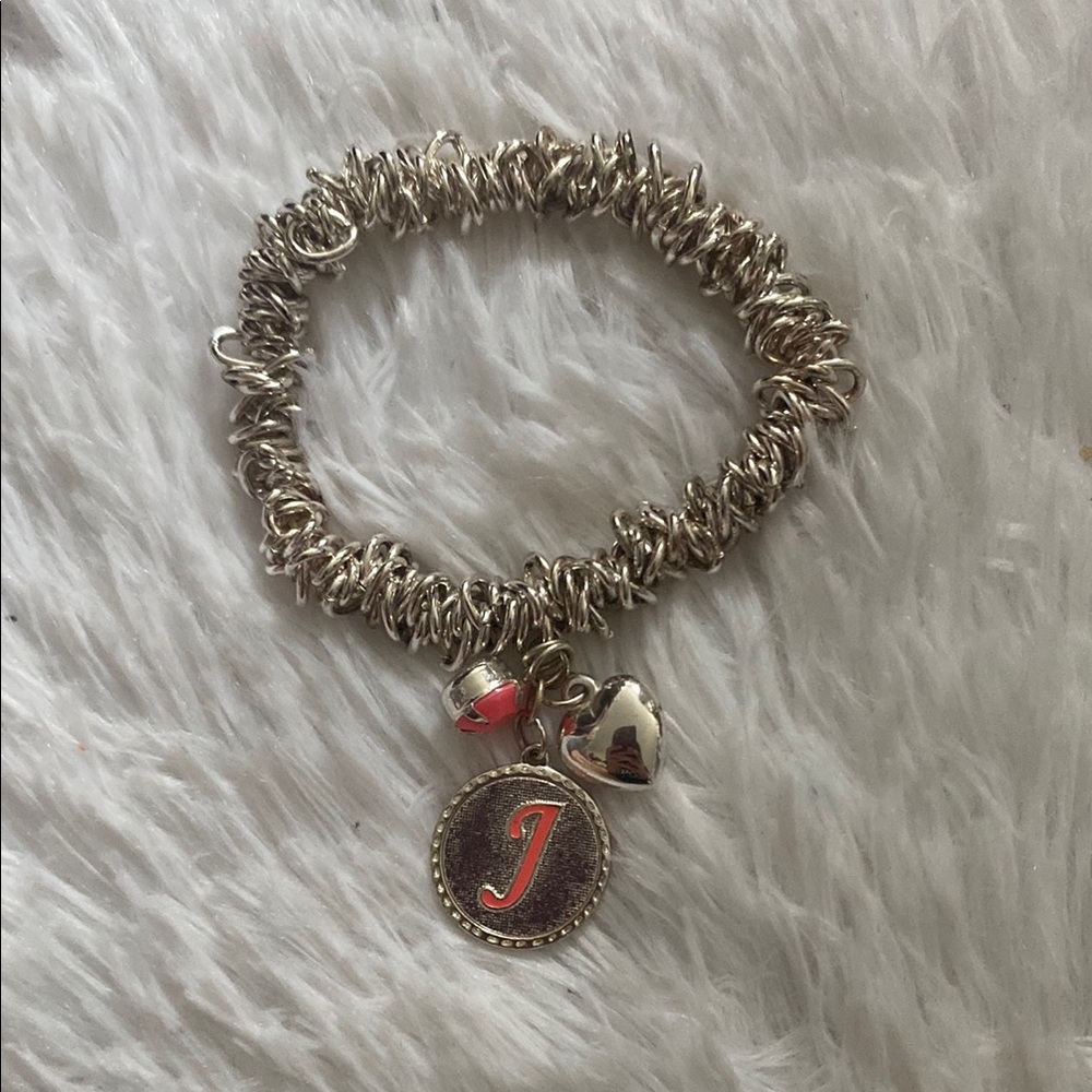 “J” Initial Silver Charm Bracelet w/ Heart Pendant